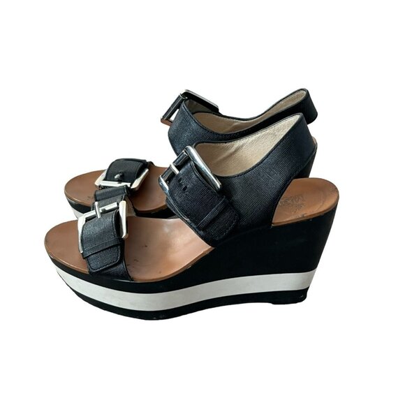 Michael Kors Warren Sandals Size 7 Black White Platform Heels Leather - Picture 1 of 9